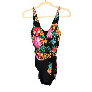 Trimshaper Swimsuit Womens 8 Black Floral One Piece Ruched Tummy Control